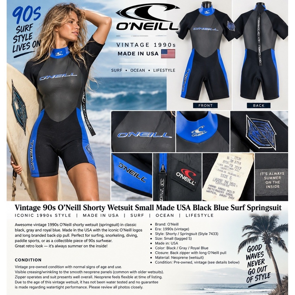 Vintage 90s O'Neill Shorty Wetsuit Small Made USA Black Blue Surf Springsuit